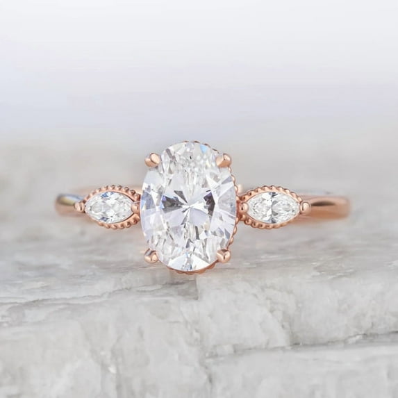 Jewelerix Oval Cut Moissanite Engagement Ring Solid 14K Yellow Gold with Marquise Side Stones Ring, Vintage Inspired Solitaire Ring for Women