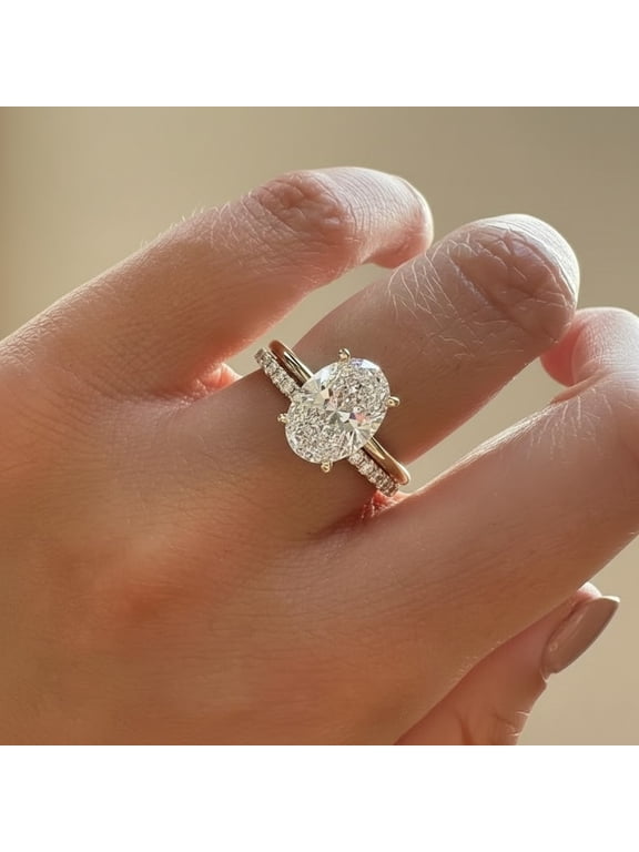 Oval Cut Moissanite Engagement Ring in 10K Yellow Gold Vermeil, Pavé Diamond Band, Double Band Solitaire Bridal Ring for Women
