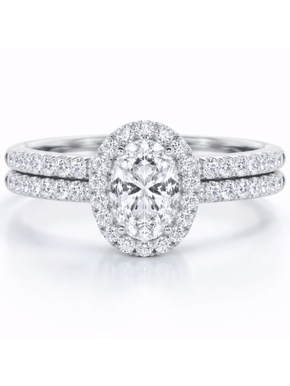 Oval Cut Moissanite Engagement Ring with Halo, Double Diamond Pave Band, White Gold Vermeil, Proposal Gift for Her