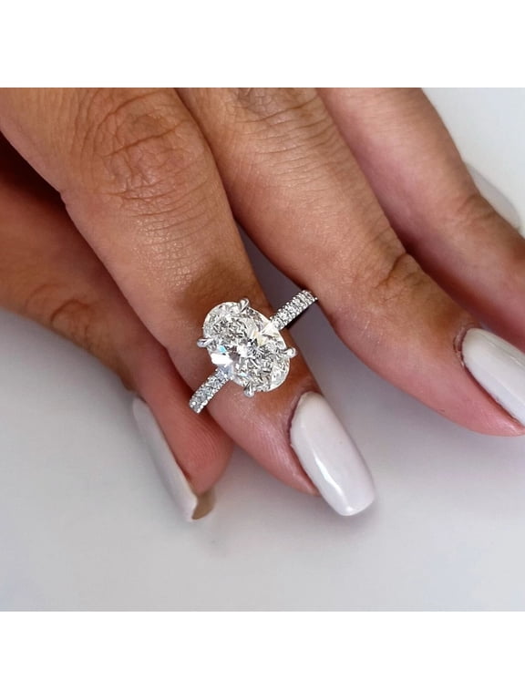 Oval Cut Solitaire Engagement Ring, 10K White Gold Vermeil Pave Band, Moissanite Bridal Ring Promise Ring for Women, Wedding Ring
