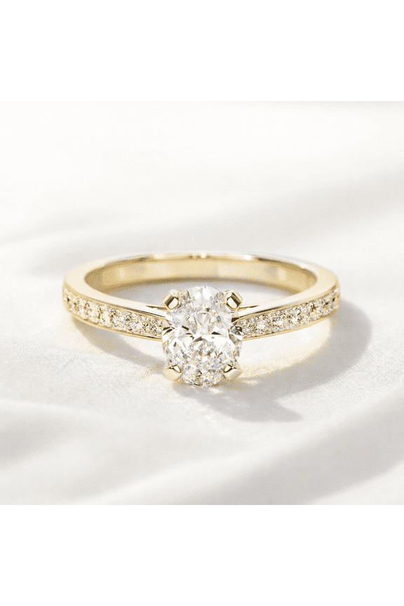 Oval Cut Solitaire Engagement Ring with Pavé Band, 14K Yellow Gold Vermeil, Perfect for Proposal Gift for Women