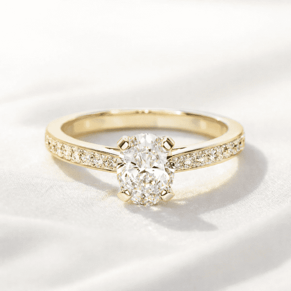 Jewelerix Oval Cut Solitaire Engagement Ring with Pavé Band, 14K Yellow Gold Vermeil, Perfect for Proposal Gift for Women