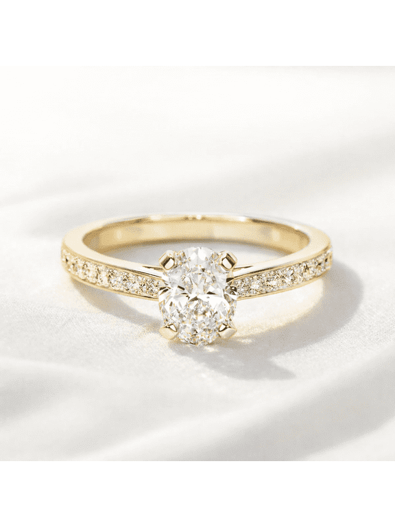 Oval Cut Solitaire Engagement Ring with Pavé Band, 14K Yellow Gold Vermeil, Perfect for Proposal Gift for Women