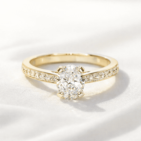 Jewelerix Oval Cut Solitaire Engagement Ring with Pavé Band, 14K Yellow Gold Vermeil, Perfect for Proposal Gift for Women