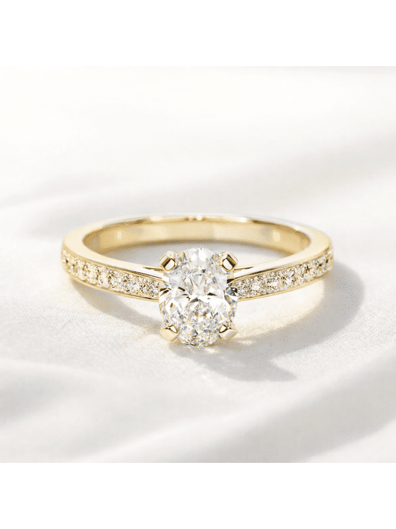 Oval Cut Solitaire Engagement Ring with Pavé Band, 14K Yellow Gold Vermeil, Perfect for Proposal Gift for Women