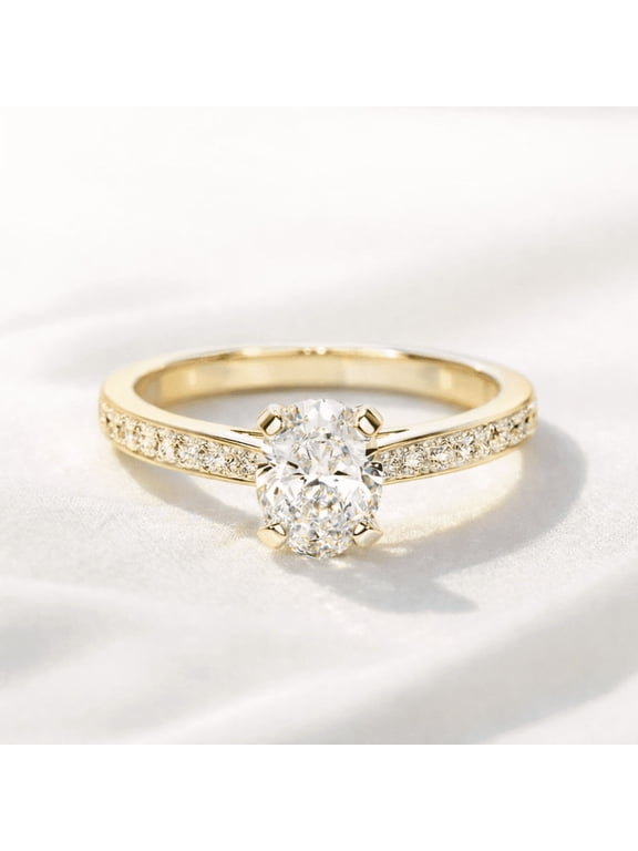 Oval Cut Solitaire Engagement Ring with Pavé Band, 14K Yellow Gold Vermeil, Perfect for Proposal Gift for Women