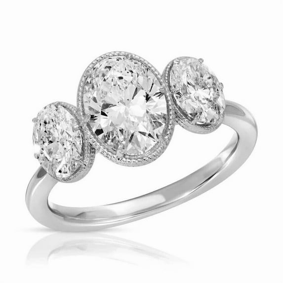 Jewelerix Oval Cut Three Stone Engagement Ring White Gold Plated Vintage Setting with Simulated Diamond Classic Anniversary or Wedding Ring