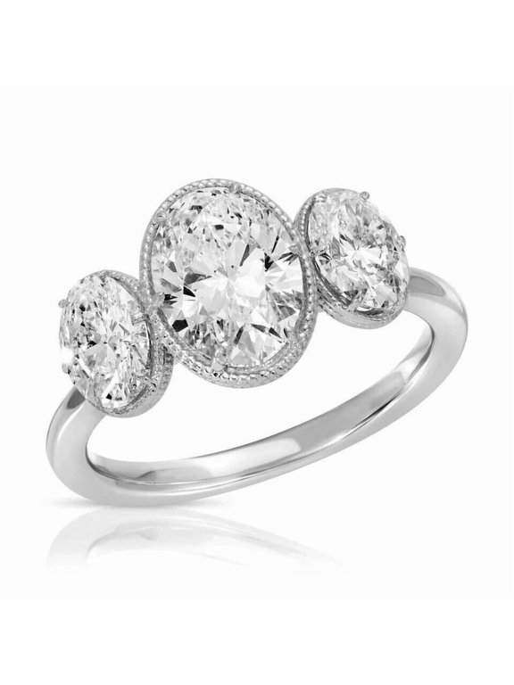 Oval Cut Three Stone Engagement Ring White Gold Plated Vintage Setting with Simulated Diamond Classic Anniversary or Wedding Ring