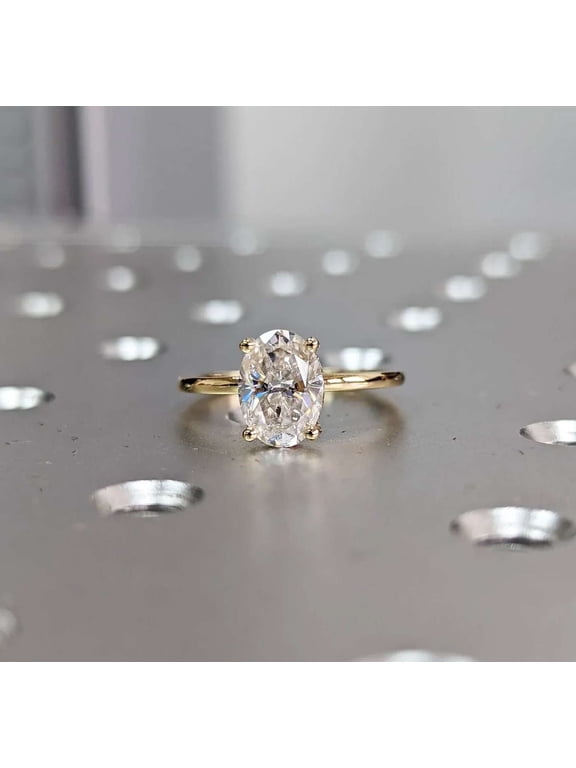 Oval Diamond 10K Vermeil Gold Solitaire Engagement Ring, Moissanite Sparkle Women’s Jewelry, Hidden Halo Wedding or Proposal Ring