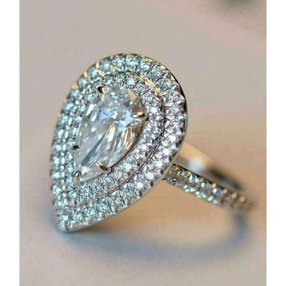 Jewelerix Pear Cut Engagement Ring Double Halo Silver Band Plated Moissanite Statement Ring Women's Luxury Cocktail Ring