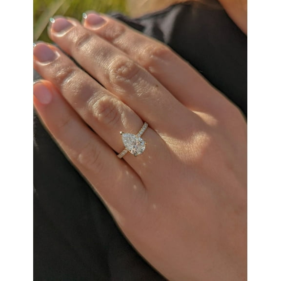 Jewelerix Pear Cut Moissanite Engagement Ring, Solitaire Teardrop Center Stone with Pave Band, 10K Yellow Gold Vermeil Bridal Wedding Ring for Women