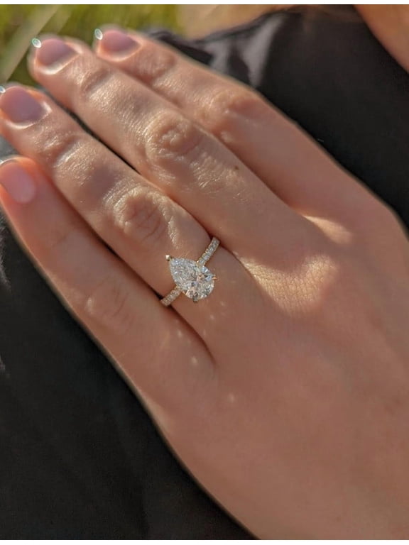 Pear Cut Moissanite Engagement Ring, Solitaire Teardrop Center Stone with Pave Band, 10K Yellow Gold Vermeil Bridal Wedding Ring for Women