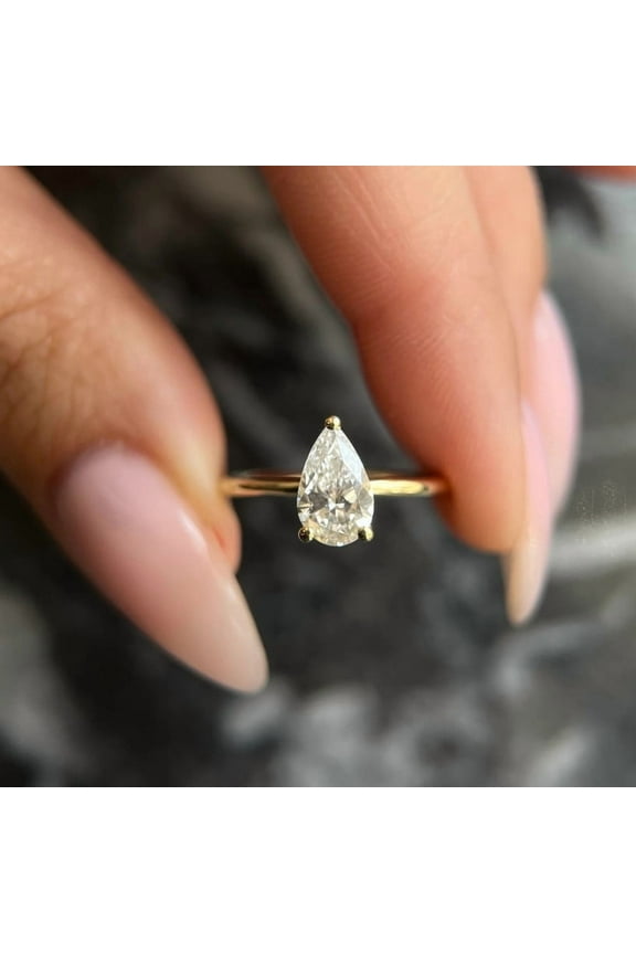 Pear Cut Solitaire Engagement Ring 14K Yellow Gold Plated Teardrop Moissanite Ring Dainty Pear Diamond Ring Modern Minimalist Bridal Jewelry