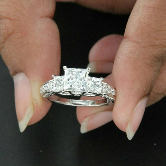 Jewelerix Princess Cut 2.15 CT Three Stone Engagement Diamond Ring 925 Sterling Silver Moissanite Ring for Women Anniversary Proposal Ring