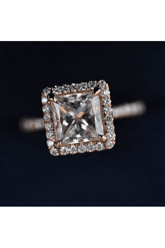 Princess Cut Halo Engagement Ring Rose Gold Plated Moissanite Ring with Diamond Accents Square Solitaire Promise Ring Dainty Pave Band Ring
