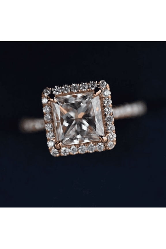 Princess Cut Halo Engagement Ring Rose Gold Plated Moissanite Ring with Diamond Accents Square Solitaire Promise Ring Dainty Pave Band Ring