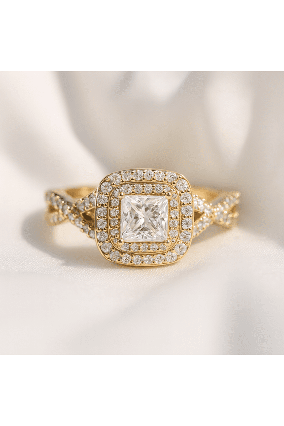 Princess Cut Halo Ring, 10K Vermeil Yellow Gold Double Halo Ring, Twisted Pave Band Bridal Ring, Engagement Vintage Promise Ring