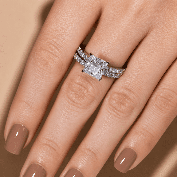 Jewelerix Princess Cut Moissanite Engagement Ring Set, 2 Piece Bridal Ring Set, Double Pave Wedding Band, White Gold Solitaire Promise Ring for Women
