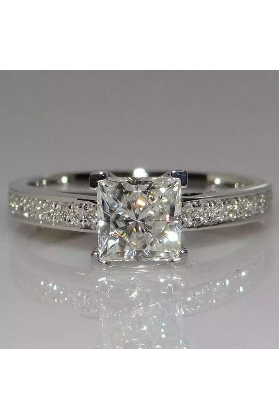 Princess Cut Solitaire Engagement Ring White Gold Pave Band Ring Square Moissanite Proposal Ring Modern Elegant Bridal Jewelry