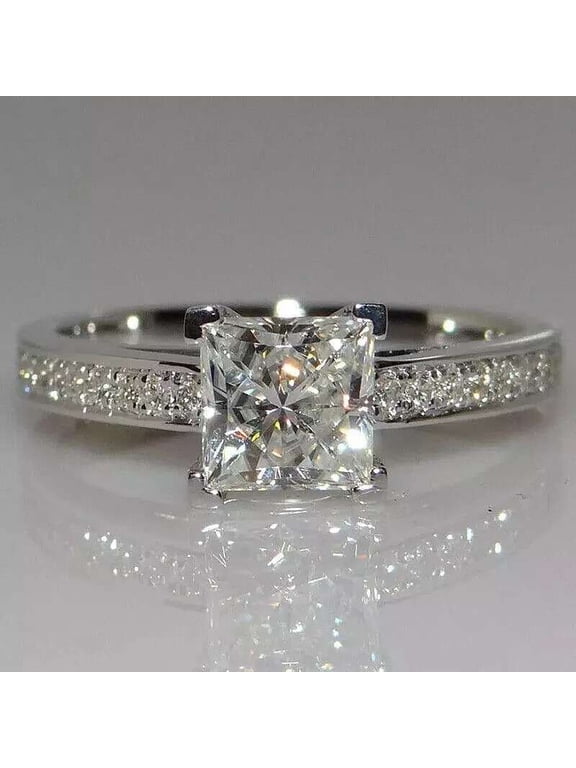 Princess Cut Solitaire Engagement Ring White Gold Pave Band Ring Square Moissanite Proposal Ring Modern Elegant Bridal Jewelry