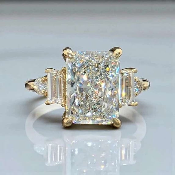 Jewelerix Radiant Cut 3-Stone Engagement Ring Baguette & Pear Side Stones 14K Vermeil Yellow Gold Ring Bridal Promise Ring for Women Anniversary Gift
