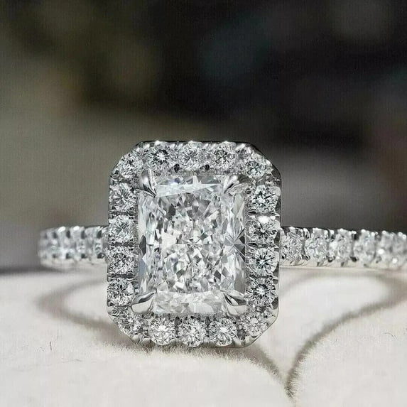 Jewelerix Radiant Cut Halo Engagement Ring with Pave Band, 14K White Gold Plated, Simulated Diamond, Wedding Bridal Ring