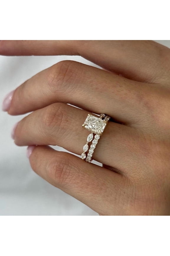 Radiant Cut Moissanite Bridal Ring Set, Minimalist Vermeil White Gold Engagement Ring, Double Band Wedding Statement Ring for Women