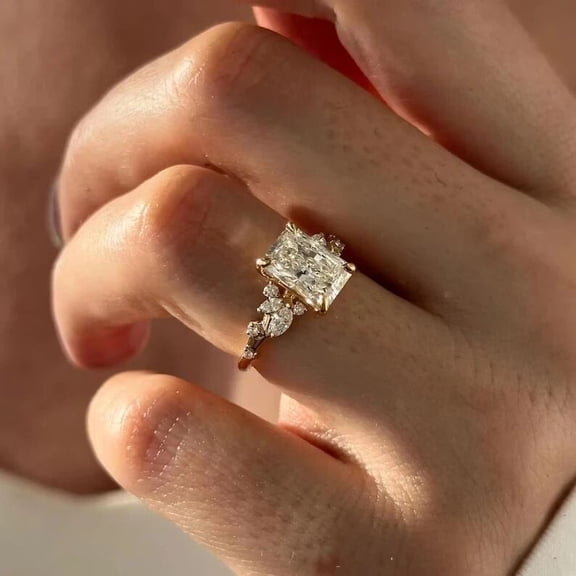 Jewelerix Radiant Cut Moissanite Engagement Ring, 14K Vermeil Yellow Gold Ring, Floral Side Stone Promise Ring, Vintage Inspired Bridal Ring