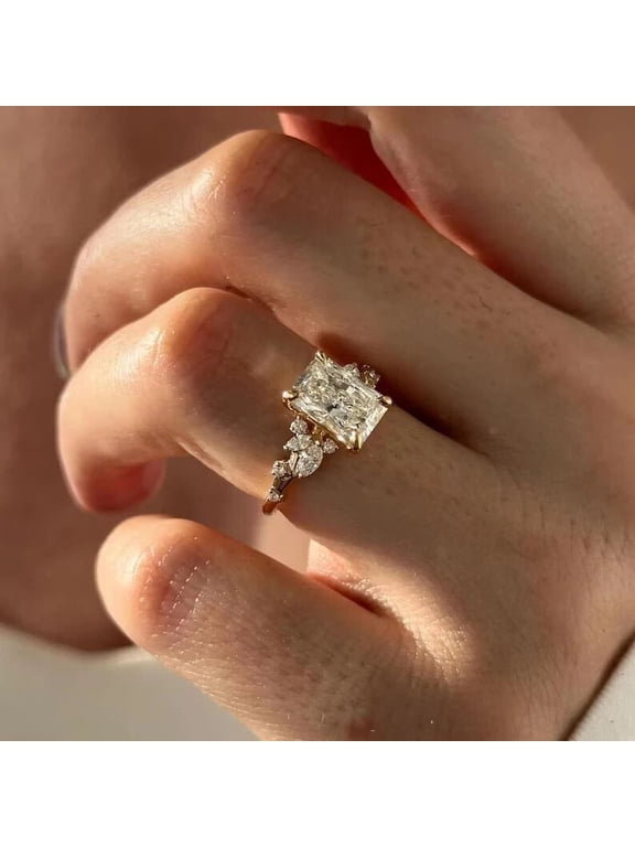 Radiant Cut Moissanite Engagement Ring, 14K Vermeil Yellow Gold Ring, Floral Side Stone Promise Ring, Vintage Inspired Bridal Ring
