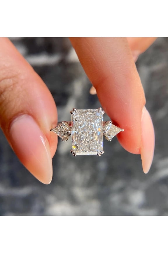 Radiant Cut Three Stone Engagement Ring, Vermeil White Gold Wedding Ring with Trapezoid Side Stones, Statement Promise Ring, Luxury Bridal Jewelry Gift for Her