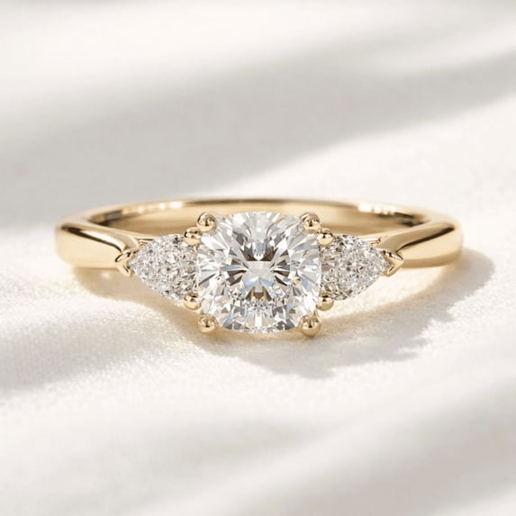 Jewelerix Round Brilliant Moissanite Engagement Ring, 10K Yellow Vermeil Gold Band with Side Accent Diamonds, Proposal Ring for Her