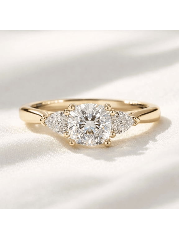 Round Brilliant Moissanite Engagement Ring, 10K Yellow Vermeil Gold Band with Side Accent Diamonds, Proposal Ring for Her