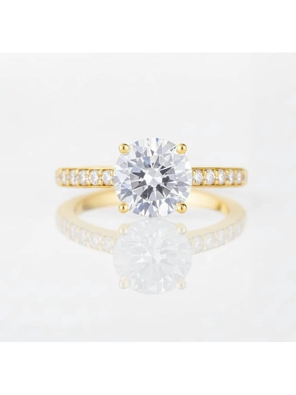 Round Cut 2 Ct Moissanite Solitaire Engagement Ring, White Gold Vermeil Band with Pave Stones, Wedding Promise Ring for Women