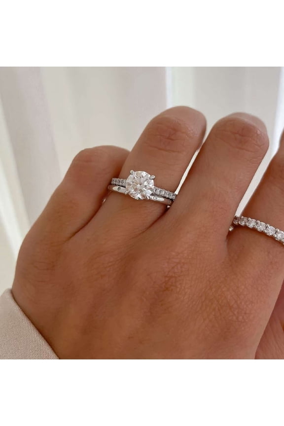 Round Cut Wedding Pave Band Hidden Halo 10K,14K White Gold Vermeil Bridal Ring with Band for Women Brilliant Moissanite Diamond Anniversary Gift