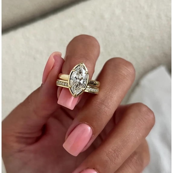 Jewelerix Six Prongs Moissanite Diamond Mother's Day Ring Bezel Marquise Cut Bridal Ring Set for Women Vermeil Yellow Gold Minimalist Engagement Ring