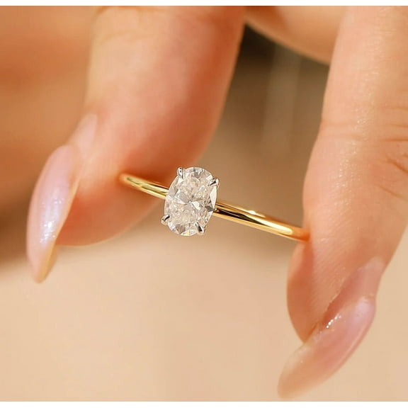 Jewelerix Vermeil 14K Yellow Gold Oval Moissanite Solitaire Engagement Ring for Women – Modernist Dainty Thin Band Promise Ring