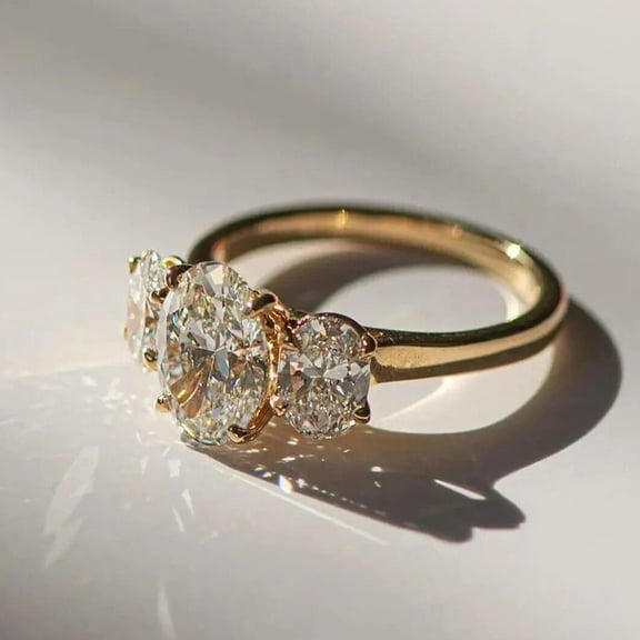 Jewelerix Three Stone Moissanite Wedding Ring Elegant 14K Yellow Gold Vermeil Proposal Ring Classic Oval Cut Engagement Gift for Women's Ring