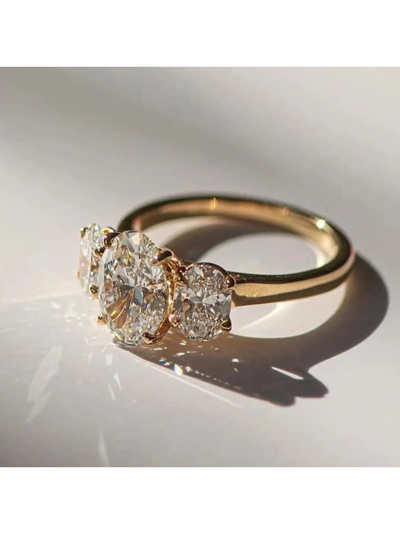 Three Stone Moissanite Wedding Ring Elegant 14K Yellow Gold Vermeil Proposal Ring Classic Oval Cut Engagement Gift for Women's Ring