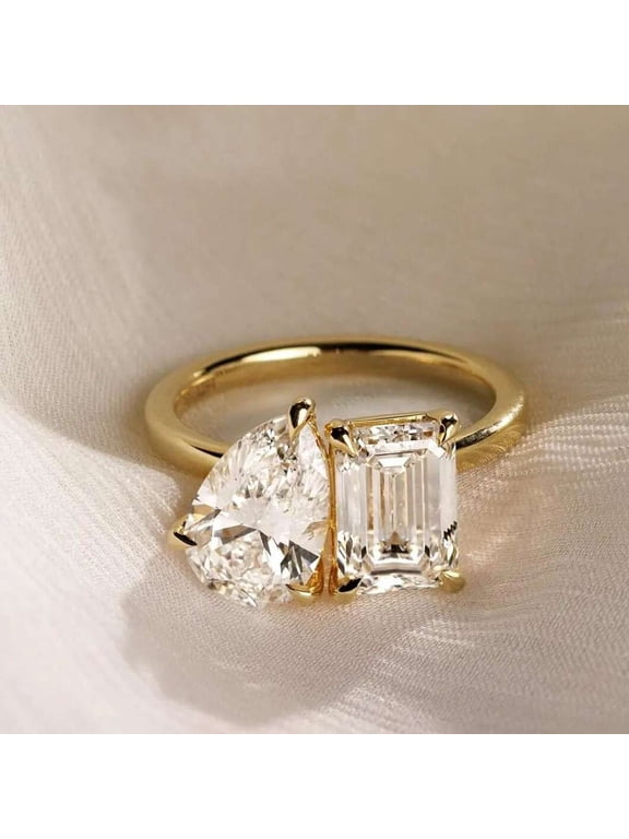 Toi Et Moi Pear Cut Engagement Ring Brilliant Oval Handmade Wedding Ring 10K Yellow Gold Vermeil Two Stone Wedding Ring