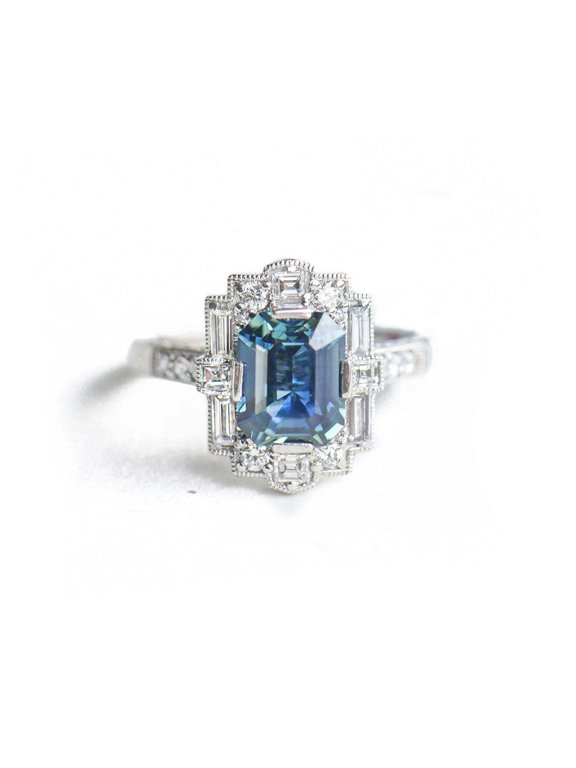 Unique Emerald Cut Ring 14K Blue Moissanite Diamond Engagement Ring Wedding Anniversary Gift