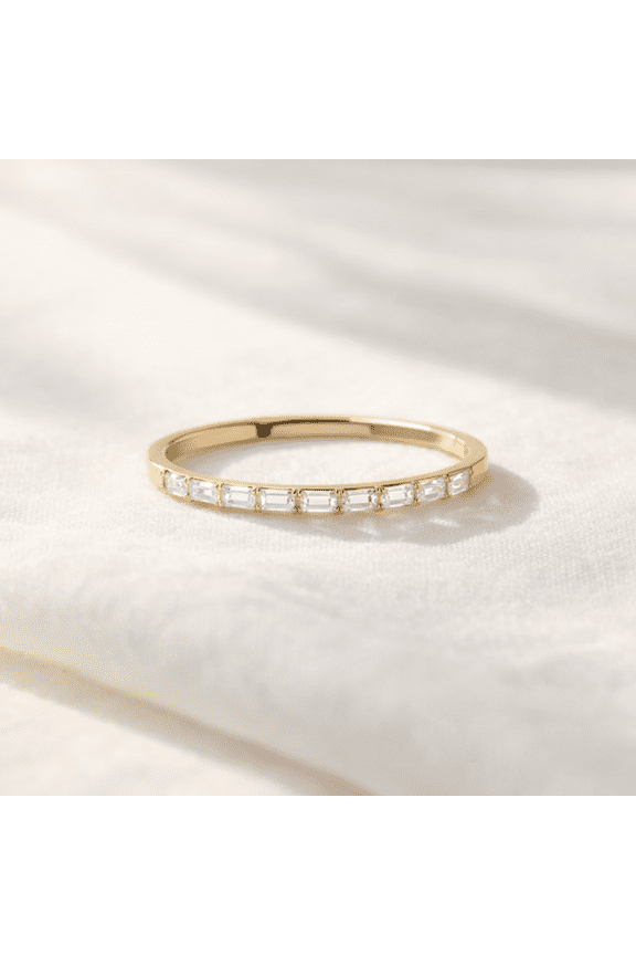 Vermeil 14K Yellow Gold Baguette Cut Moissanite Diamond Stackable Band Ring, Minimalist Wedding Anniversary Jewelry