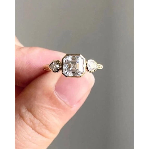 Jewelerix Vintage Asscher Cut Three Engagement Ring for Women, Square Emerald Cut Center Stone Ring, 10K White Vermeil Yellow Gold Ring, Promise Ring