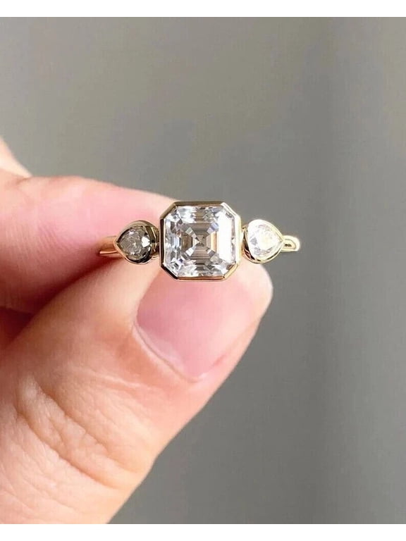 Vintage Asscher Cut Three Engagement Ring for Women, Square Emerald Cut Center Stone Ring, 10K White Vermeil Yellow Gold Ring, Promise Ring