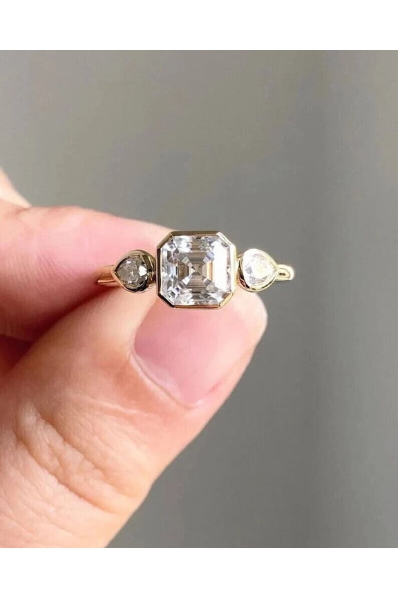 Vintage Asscher Cut Three Engagement Ring for Women, Square Emerald Cut Center Stone Ring, 10K White Vermeil Yellow Gold Ring, Promise Ring