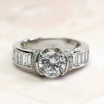Jewelerix White Gold 10K Plated Round Cut Moissanite Engagement Ring for Women – 3 Ct Baguette and Round Accent Band