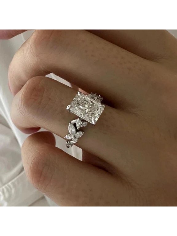White Gold Vermeil Radiant Cut Engagement Ring for Women, Floral Leaf Marquise Diamond/Moissanite Ring, Nature Inspired Bridal Promise Ring
