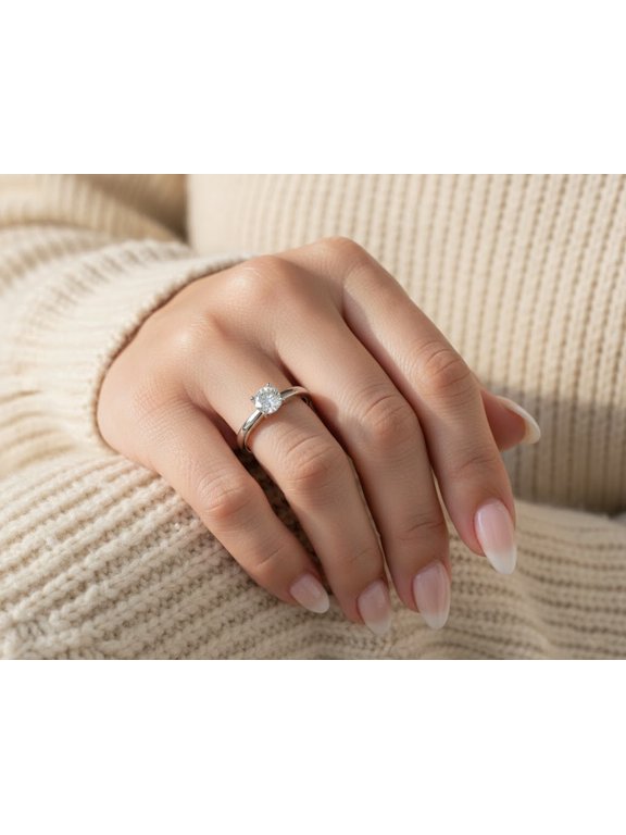 Wonderful Moissanite 4 Prongs Anniversary Ring Classic Round Cut Engagement Ring 14k White Gold Vermeil Valentine Day Gift for Her