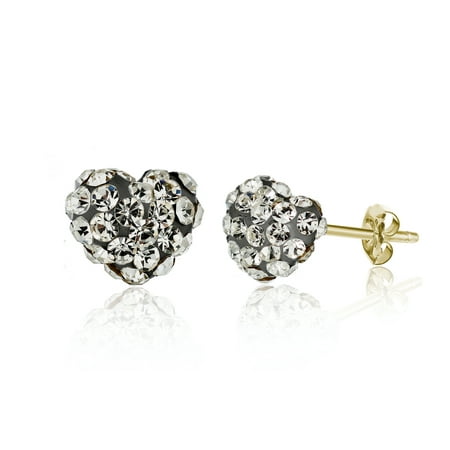 Jewelers 14K Solid Gold Pave Black Diamond Crystal Puff Heart Earrings made wSwarovski Elements