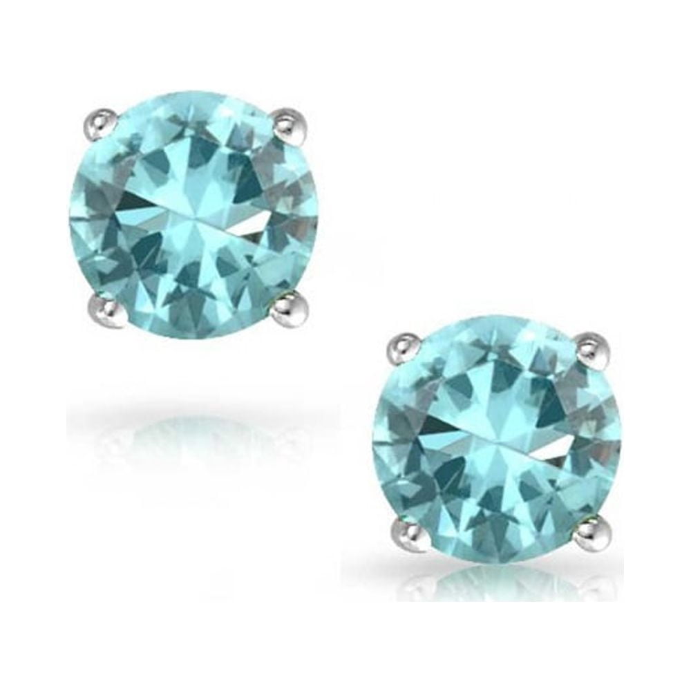 Jewelers 14K Solid White Gold Birthstone Round-cut Stud Earrings made with Crystals Swarovski-MAR BOXED