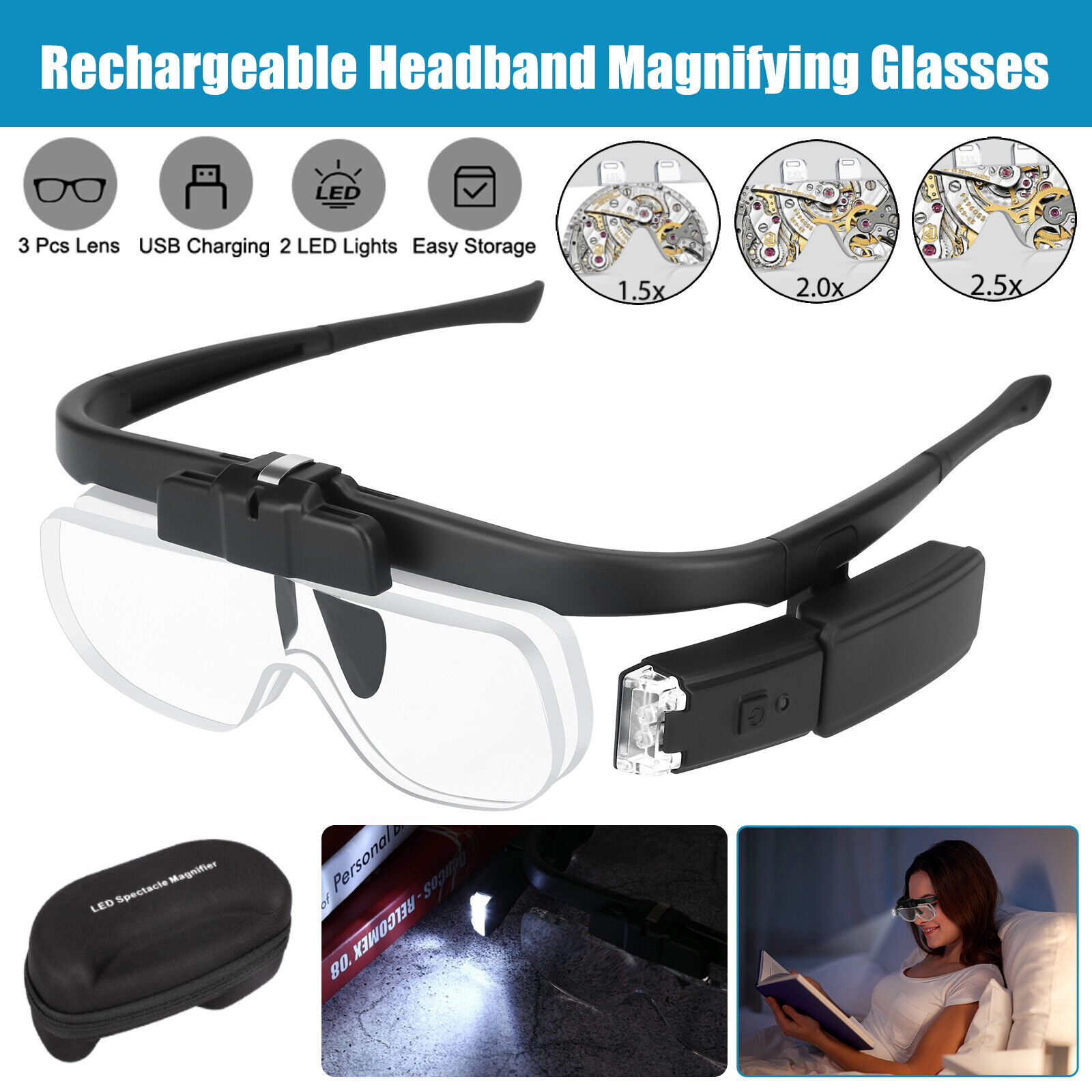 Jewelers Headband Magnifier Visor LED Illuminated Visor Magnifying Glass Loupe